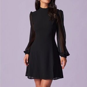 Rihoas Black Stand Collar Sheer Slit Mini Dress